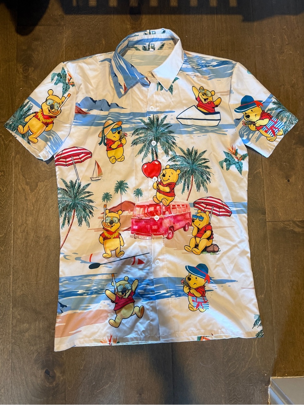 Winnie the Pooh Beach Print Button-Up Shirt - White/Yellow/Blue